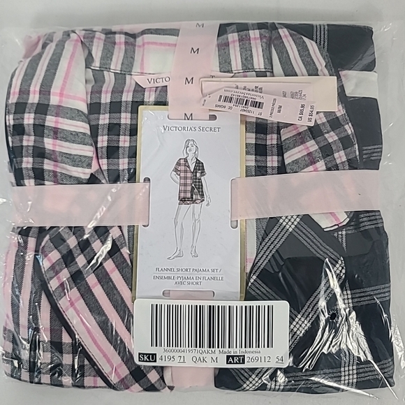 NWT Victoria’s Secret Flannel Short PJ Set Pink & Black Plaid Size M MSRP $55 - Picture 1 of 4